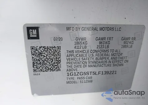 2020 Chevrolet Malibu Fwd Rs z USA, uszkodzony, nr VIN 1G1ZG5ST5LF139221